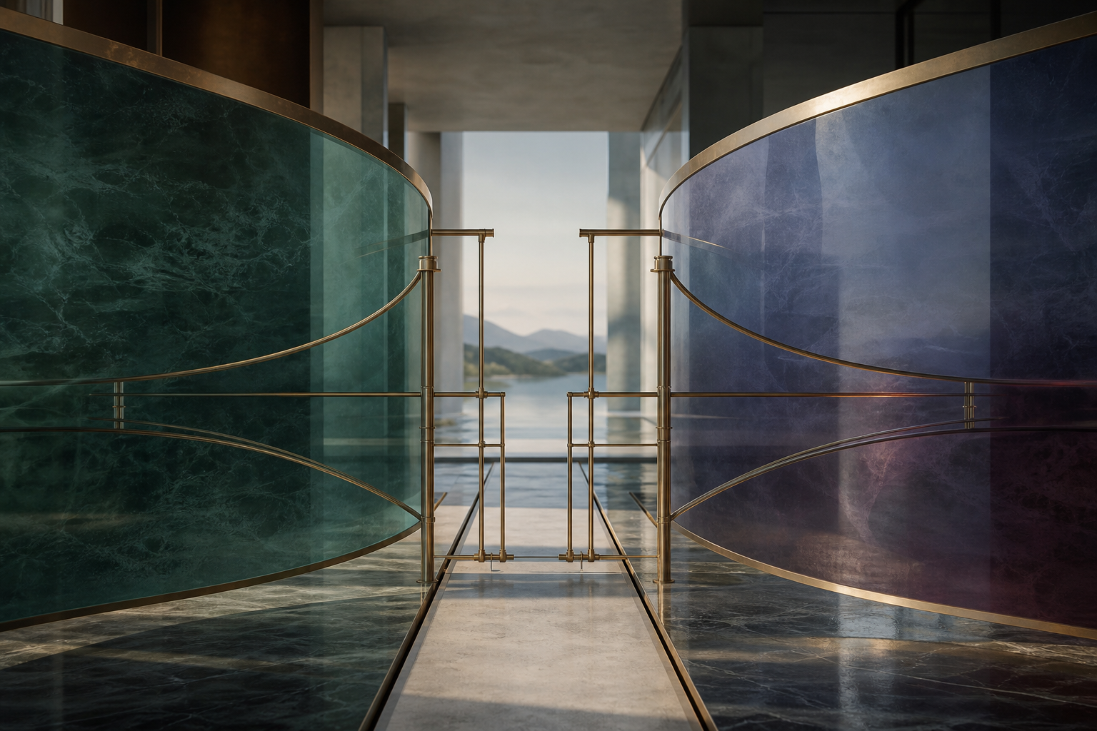 Intersecting translucent planes held in balance by a central brass structure