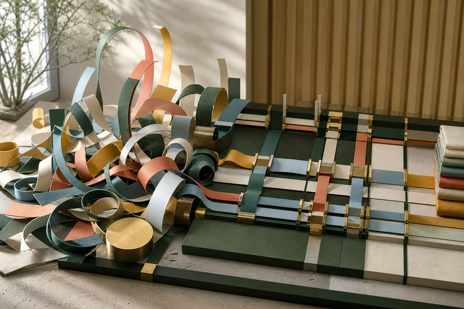 Layered coral and blue paper forms arranged into an orderly working system