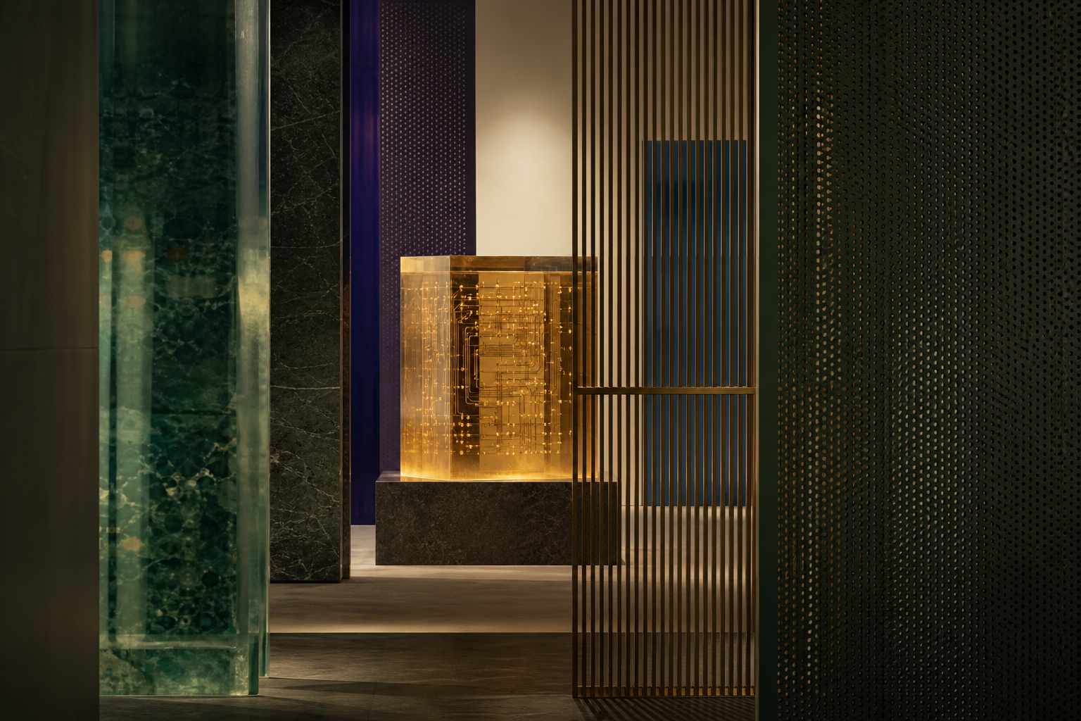 A luminous amber core protected within layered architectural screens